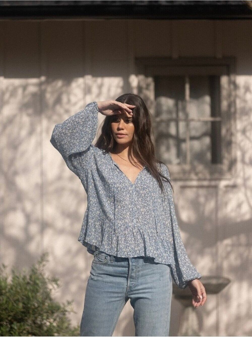 Gentle Fawn Lightweight Floral V-Neck Peasant Blouse in Light Blue